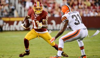 Washington Redskins wide receiver DeSean Jackson (11) runs past Cleveland Browns strong safety Donte Whitner (31) in the first quarter as the Washington Redskins play the Cleveland Browns in NFL preseason football at FedExField, Landover, Md., Monday, August 18, 2014. (Andrew Harnik/The Washington Times)