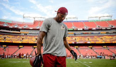 Washington Redskins wide receiver Cody Hoffman (87) warms up before the Washington Redskins play the Cleveland Browns in NFL preseason football at FedExField, Landover, Md., Monday, August 18, 2014. (Andrew Harnik/The Washington Times)
