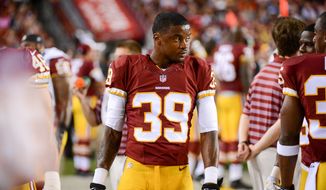 Washington Redskins free safety David Amerson (39) walks the sideline as the Washington Redskins play the Cleveland Browns in NFL preseason football at FedExField, Landover, Md., Monday, August 18, 2014. (Andrew Harnik/The Washington Times)
