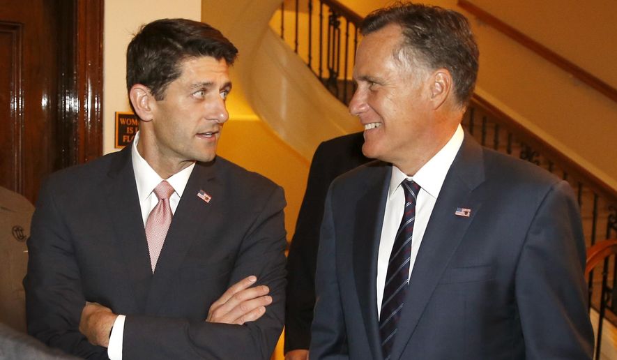 Former Massachusetts Gov. Mitt Romney, right, and his former vice presidential running mate U.S. Rep. Paul Ryan, R-Wis., arrive for a dinner at the Union Club on Thursday, Aug. 21, 2014, in Chicago. (AP Photo/Charles Rex Arbogast) ** FILE **