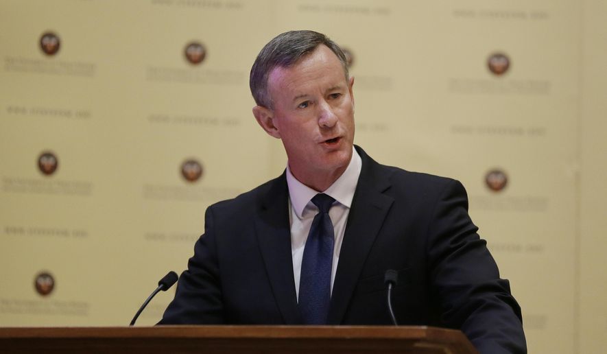 Then-Navy Adm. William McRaven addresses the Texas Board of Regents, Thursday, Aug. 21, 2014, in Austin, Texas. (AP Photo/Eric Gay) ** FILE **