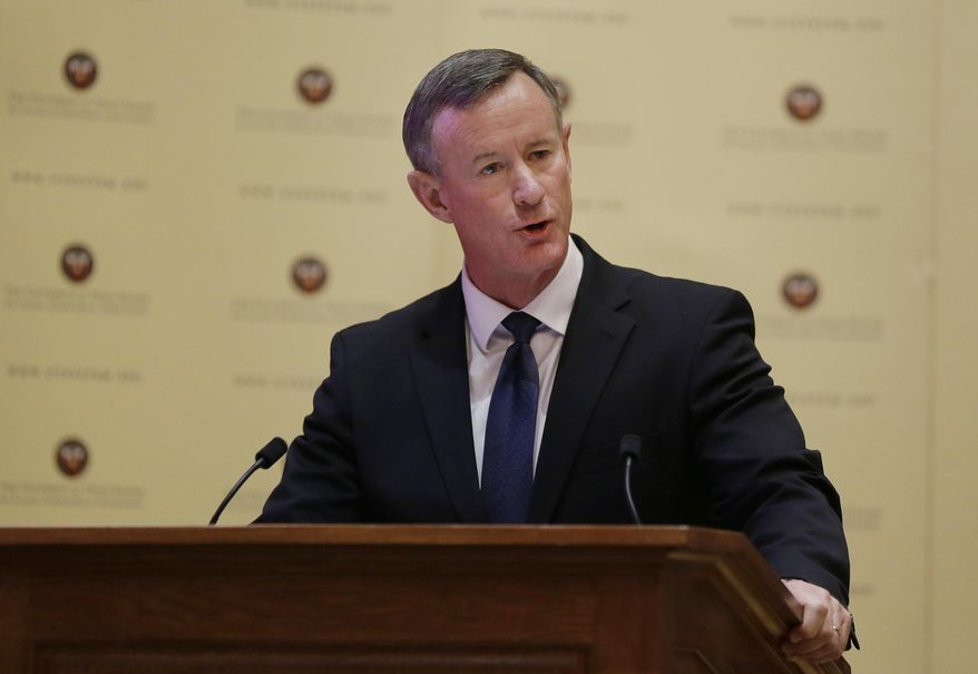 Then-Navy Adm. William McRaven addresses the Texas Board of Regents, Thursday, Aug. 21, 2014, in Austin, Texas. (AP Photo/Eric Gay) ** FILE **