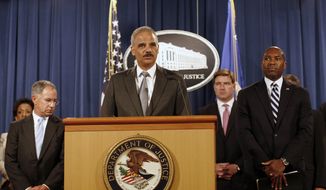 Attorney General Eric Holder, center,  joined by Associate Attorney General Tony West, right, U.S. Attorney for the District of New Jersey Paul Fishman, left, and Kentucky Attorney General Jack Conway, second from right, announces a settlement with Bank of America, Thursday, Aug. 21, 2014, at the Justice Department in Washington. (AP Photo/Lauren Victoria Burke) ** FILE **