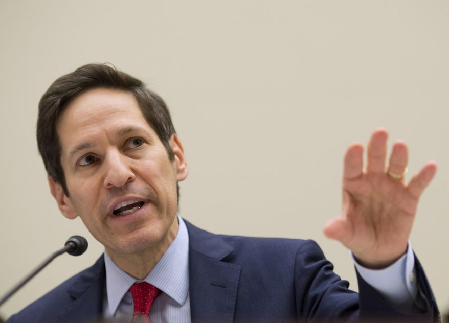 FILE - In this Aug. 7, 2014 file photo, Centers for Disease Control and Prevention (CDC) Director Dr. Tom Frieden testifies on Capitol Hill in Washington before the House subcommittee on Africa, Global Health, Global Human Rights, and International Organizations hearing on "Combating the Ebola Threat." A CDC spokesman said Friday, Aug. 22, 2014, that Frieden wants to meet the African and international health leaders trying to control the outbreak, and to hear what help they need. (AP Photo/Molly Riley, File)