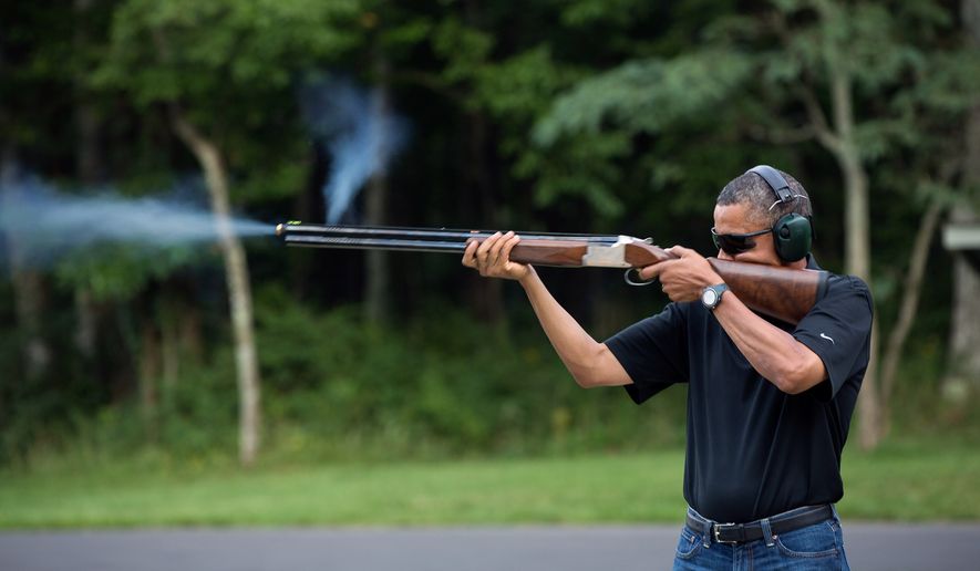 President Barack Obama shoots clay targets on the range at Camp David, Md., Saturday, Aug. 4, 2012. (Official White House Photo by Pete Souza)This official White House photograph is being made available only for publication by news organizations and/or for personal use printing by the subject(s) of the photograph. The photograph may not be manipulated in any way and may not be used in commercial or political materials, advertisements, emails, products, promotions that in any way suggests approval or endorsement of the President, the First Family, or the White House.