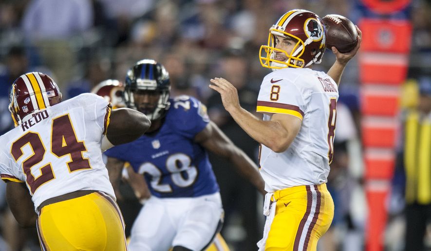 Washington Redskins&#39; quarterback Kirk Cousins passes during the fourth quarter against the Baltimore Ravens during their pre-season game at M&amp;T Bank Stadium on August 23, 2014 in Baltimore, Maryland. Baltimore won the game 23-17. (Pete Marovich Special to The Washington Times)