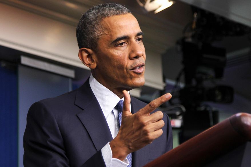 FILE - This Aug. 1, 2014 file photo shows President Barack Obama speaking in the Brady Press Briefing Room of the White House in Washington, Friday, Aug. 1, 2014. The president spoke on various topics including the economy, immigration, Ukraine and the Middle East. The White House is crafting a blame-it-on-Congress legal justification to back up President Barack Obama's impending executive actions on immigration. Facing an expect onslaught of opposition, the administration plans to argue that by failing to provide enough resources to fully enforce U.S. laws, lawmakers have ceded wide latitude to White House to prioritize deportations, administration officials and legal experts said. But Republicans, too, are exploring their legal options for stopping Obama from what they’ve deemed an egregious presidential overstep. (AP Photo/Connor Radnovich, File)