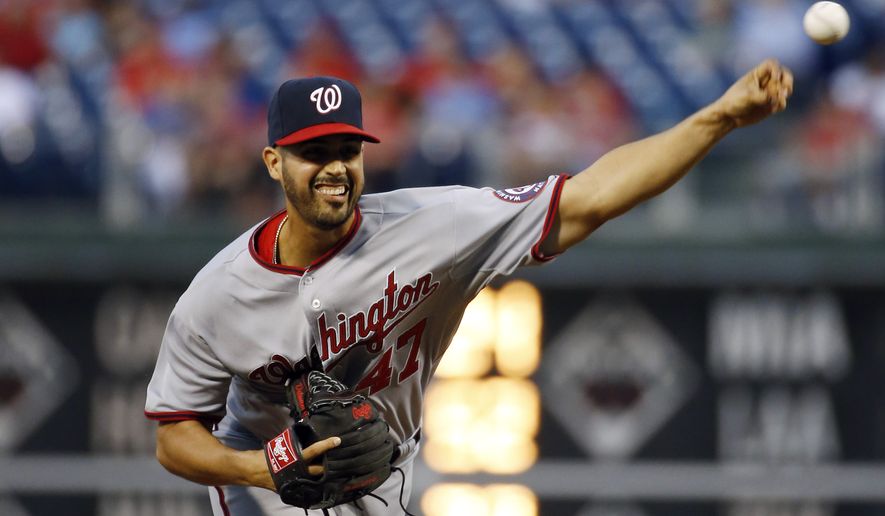 Washington Nationals' Gio Gonzalez pitches during the second inning of a baseball game against the Philadelphia Phillies, Tuesday, Aug. 26, 2014, in Philadelphia. (AP Photo/Matt Slocum)