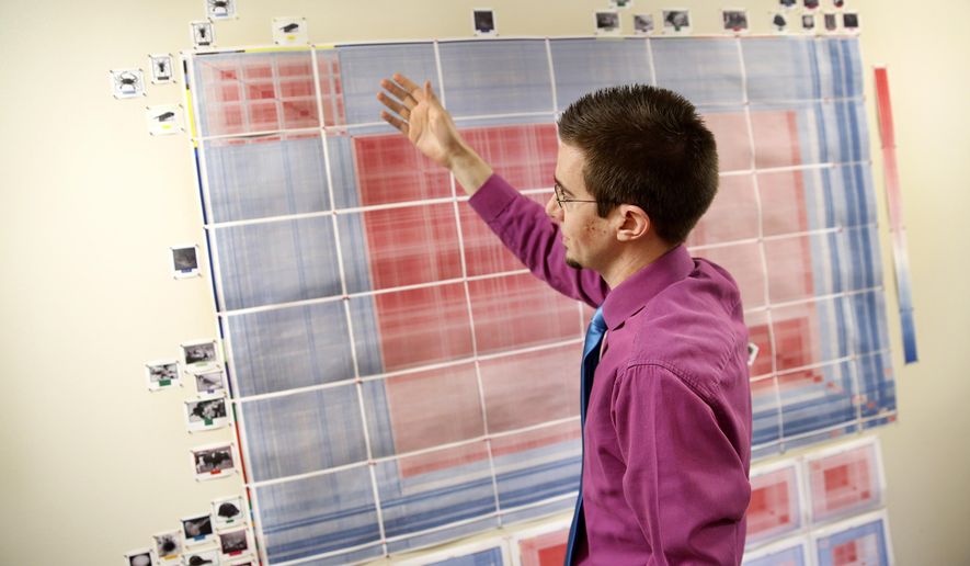 ADVANCE FOR USE SUNDAY, AUG. 31 - In this photo taken on May 28, 2014, Institute for Creation Research deputy director of research Nathaniel Jeanson , currently studying the investigation of molecular mechanisms of biological change, looks over a large printout hanging in the hallway of the Institute for Creation Research in northwest Dallas. Most scientists believe Darwin got it right: Single-celled creatures evolved into complex ones, a process of natural selection and genetic adaptation that over eons turned a primordial swamp into shape-shifting cells, into ape-like primates, into people. A group of nine Ph.Ds from places like Harvard and Los Alamos National Laboratory say all that molecules-to-man stuff is nonsense. And they're out to prove it. (AP Photo/The Dallas Morning News, Tom Fox) MANDATORY CREDIT; MAGS OUT; TV OUT; INTERNET USE BY AP MEMBERS ONLY; NO SALES
