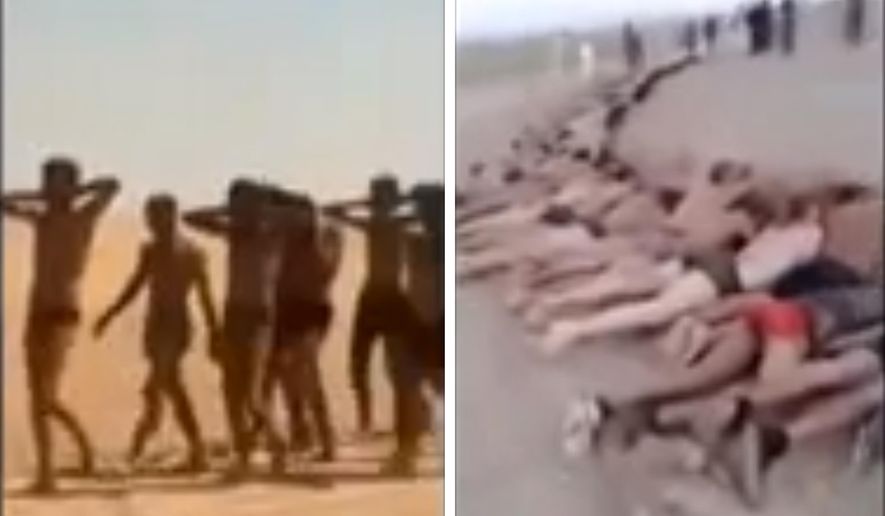 This undated photo combo taken from a video by the Islamic State group, a Syrian opposition group, which has been verified and is consistent with other AP reporting, shows still images of government soldiers captured near Tabqa, Syria according to a statement posted online and circulated on Twitter by supporters of Islamic State group. The photo to the left shows what the extremist group said were the soldiers stripped down to their underwear marching in the desert. The photo to the right shows more than 150 men apparently killed. (AP Photo/ The Islamic State group)