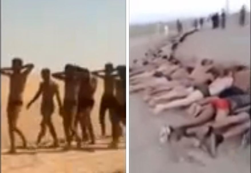 This undated photo combo taken from a video by the Islamic State group, a Syrian opposition group, which has been verified and is consistent with other AP reporting, shows still images of government soldiers captured near Tabqa, Syria according to a statement posted online and circulated on Twitter by supporters of Islamic State group. The photo to the left shows what the extremist group said were the soldiers stripped down to their underwear marching in the desert. The photo to the right shows more than 150 men apparently killed. (AP Photo/ The Islamic State group)
