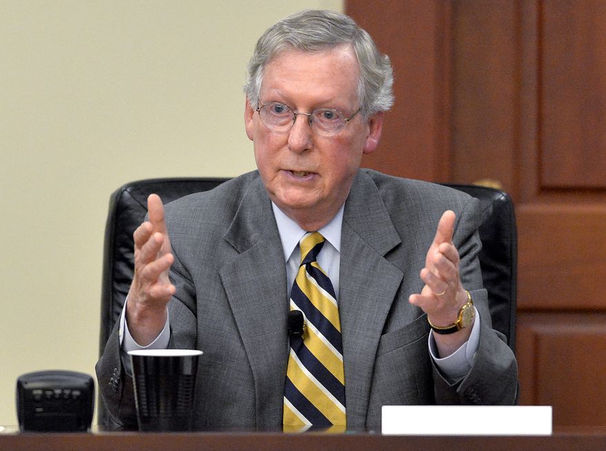 FILE - This Aug. 20, 2014, file photo shows Senate Minority Leader Mitch McConnell of Ky., as he speaks at the Kentucky Farm Bureau Insurance headquarters in Louisville, Ky. The top prize of the November midterm elections is control of the Senate for the final two years of President Barack Obama’s administration, with Republicans needing to pick up six more seats to take over. (AP Photo/Timothy D. Easley, File)