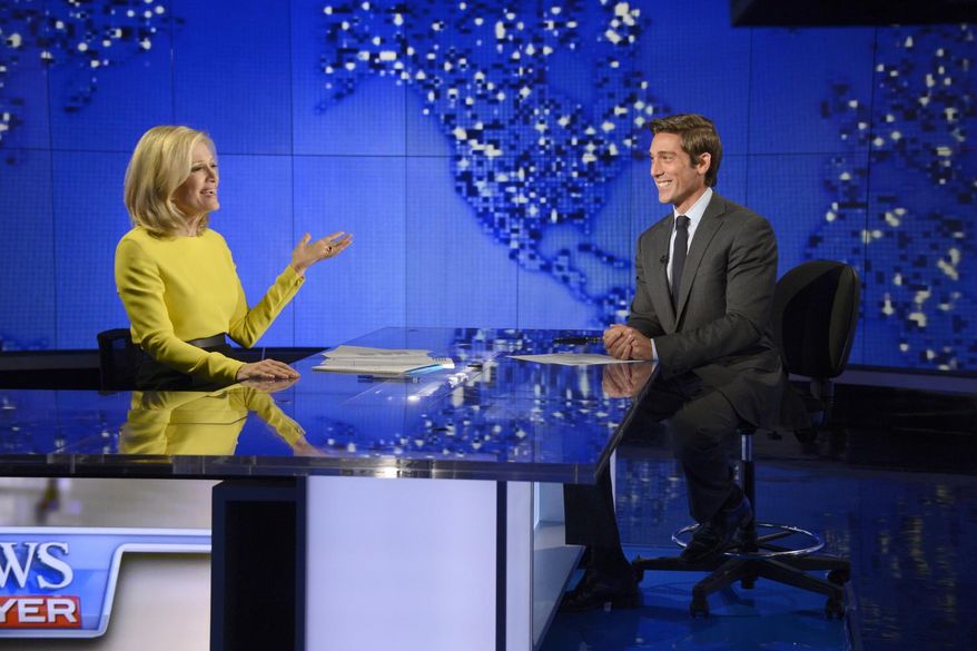 In this Wed., Aug. 27, 2014 photo provided by ABC, Diane Sawyer, left, signs off on her last broadcast as anchor of "World News," with new anchor, David Muir, right, looking on in New York. Among the stories Muir will introduce during his first week as ABC's "World News" anchor in early September, is one he reported about a generation of Syrian refugees missing out on an education. (AP Photo/ABC, Ida Mae Astute, file)