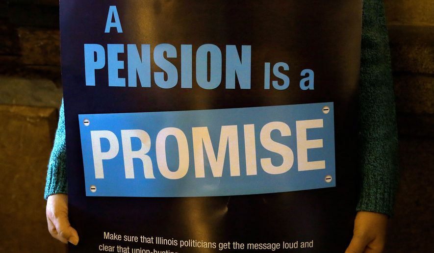 In this Jan. 3, 2013 photo, a &quot;Pension Promise&quot; sign is seen as Illinois state union members and supporters rally in support for fair pension reform in the at the Illinois State Capitol in Springfield Ill. Illinois Gov. Pat Quinn announced what could be a significant advance on pension reform, saying the powerful House speaker was willing to forgo the dicey issue of teachers retirement costs in order to fix the worst-in-the-nation pension deficit. (AP Photo/Seth Perlman)