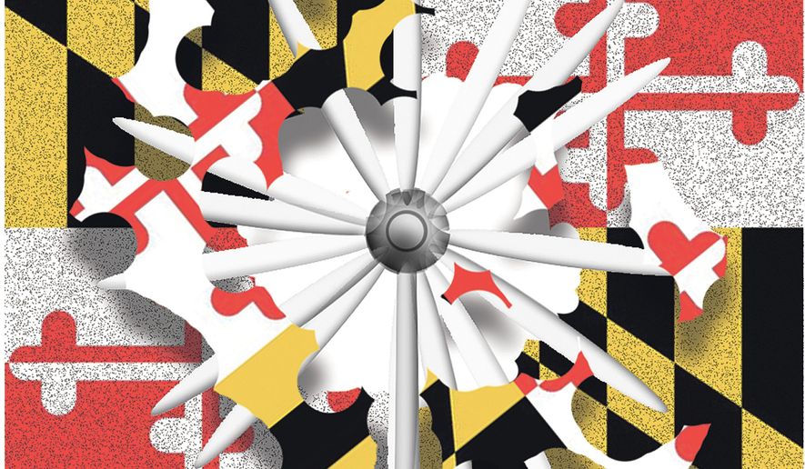 Illustration on a proposed wind farm&#x27;s impact on Maryland by Alexander Hunter/The Washington Times