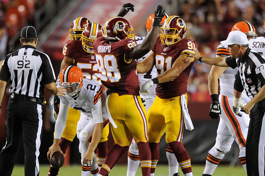 Linebacker Brian Orakpo (98) says the Redskins need to "just build and create that identity and who we're going to be known as. Not a team just out there playing." (Preston Keres/SPecial To The Washington Times)