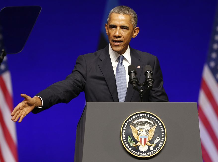 U.S. President Barack Obama gestures while speaking at Nordea Concert Hall in Tallinn, Estonia, Wednesday, Sept. 3, 2014. Obama is in Estonia for a one day visit where he will meet with Baltic State leaders before heading to the NATO Summit in Wales. (AP Photo/Mindaugas Kulbis)