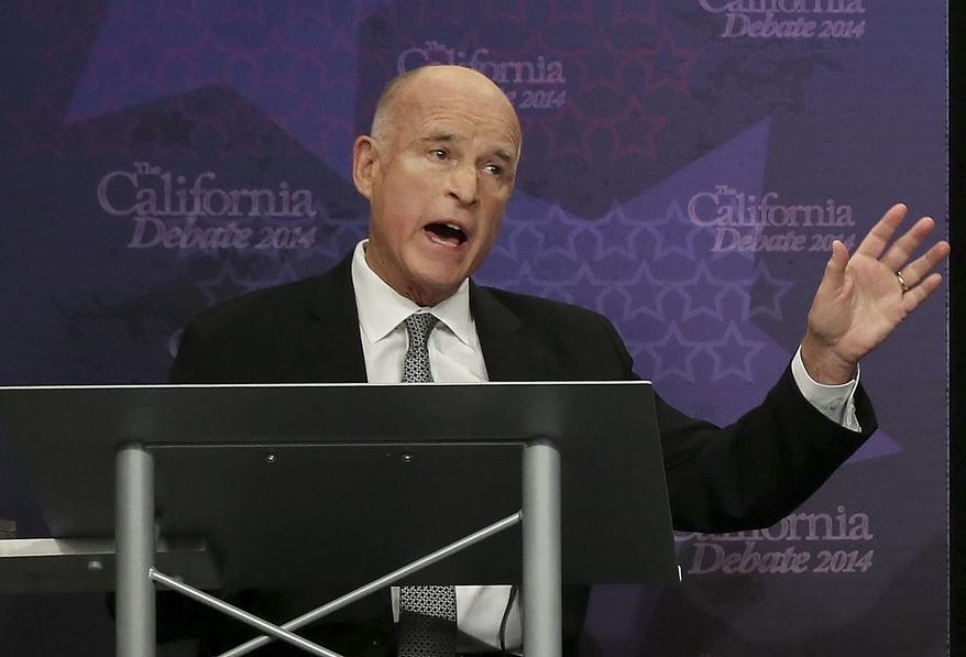 Gov. Jerry Brown speaks during a gubernatorial debate with Republican challenger Neel Kashkari in Sacramento, Calif., Thursday, Sept. 4, 2014. Thursday&#x27;s debate is likely to be the only one of the general election. (AP Photo/Rich Pedroncelli, Pool)