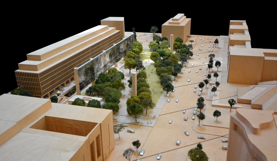 This undated handout image provided by Gehry Partners, LLP shows an aerial perspective of Eisenhower Square looking along Maryland Avenue, SW and Independence Avenue in Washington. Architect Frank Gehry is revising the design for a memorial honoring President Dwight D. Eisenhower near the National Mall after objections have delayed the project. On Thursday, Gehry's team will propose eliminating metal tapestries on the sides of the memorial square, along with some columns. The designers are trying to win approval from the National Capital Planning Commission. The federal panel voted to reject a previous design in April. (AP Photo/ Architect Frank Gehry is revising the design for a memorial honoring President Dwight D. Eisenhower near the National Mall after objections have delayed the project. (AP Photo/Gehry Partners, LLP)