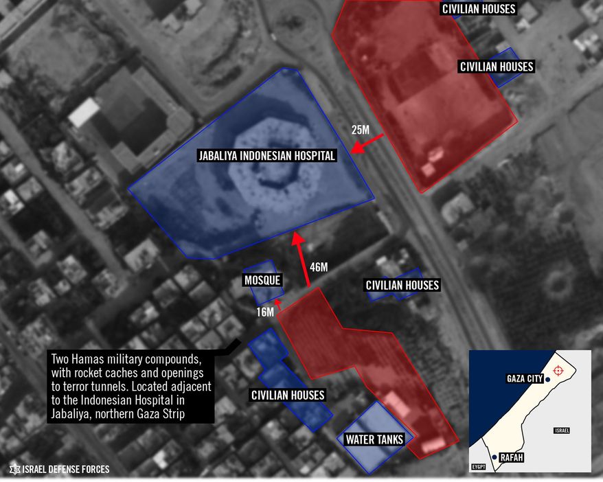 This undated image released by the Israel Defense Forces on Thursday, Sept. 4, 2014 shows a graphic overlay of a satellite image that purports to show Hamas military compounds next to civilian houses and a hospital of Jebaliya, northern Gaza Strip. With a 50-day war in Gaza behind it, the Israeli military is gearing up for what could become its next big battle: the possibility that a U.N. investigation could result in war-crimes allegations. The army has beefed up its legal staff, is conducting internal investigations of its wartime actions and has prepared a detailed PR campaign of satellite photos and video clips_ all with the goal of explaining why its campaign was justified and necessary. (AP Photo/Israel Defense Forces)