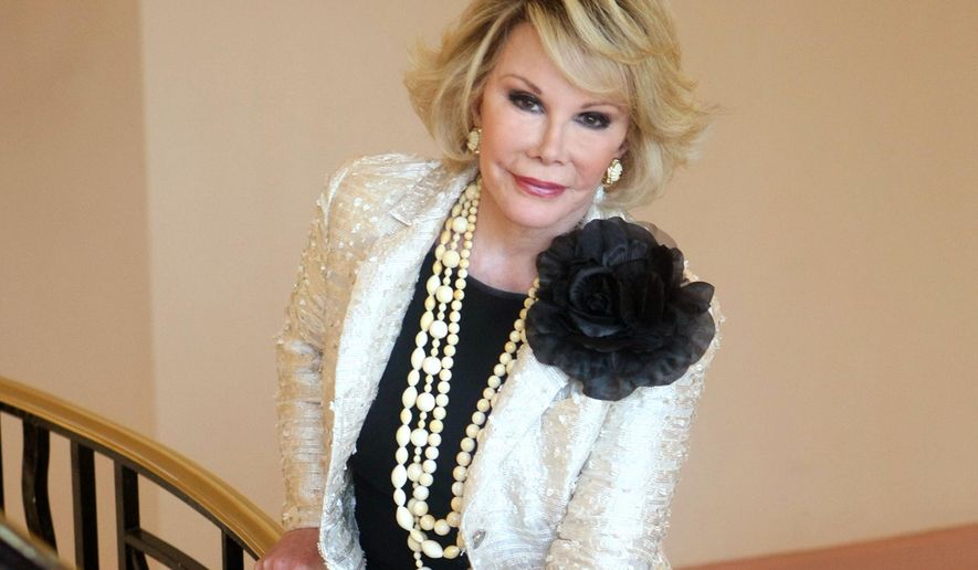 FILE - This Oct. 5, 2009 file photo shows Joan Rivers posing as she presents "Comedy Roast with Joan Rivers " during the 25th MIPCOM (International Film and Programme Market for TV, Video, Cable and Satellite) in Cannes, southeastern France. Rivers, the raucous, acid-tongued comedian who crashed the male-dominated realm of late-night talk shows and turned Hollywood red carpets into danger zones for badly dressed celebrities, died Thursday, Sept. 4, 2014. She was 81. Rivers was hospitalized Aug. 28, after going into cardiac arrest at a doctor's office. (AP Photo/Lionel Cironneau, File)