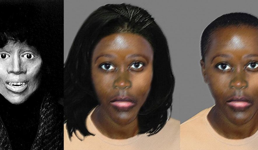 This photo combo provided by Washtenaw County Sheriff’s Office shows 3D images of a woman found murdered in 1985. The Sheriff's Office said Thursday, Sept. 4, 2014, that Michigan State Police have used new technology to create 3D images of what the woman likely looked like. Authorities found the woman's remains in a shallow grave in Superior Township in January 1985. The Washtenaw County Medical Examiner's office determined at the time that she was a black female between 15-25 years old. She was dressed for cold weather and likely went missing in 1984. (AP Photo/Washtenaw County Sheriff’s Office)