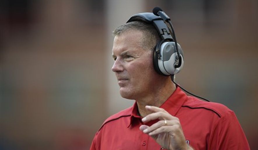 Maryland head coach Randy Edsall looks on during the second half of an NCAA football game against James Madison, Saturday, Aug. 30, 2014, in College Park, Md. Maryland won 52-7. (AP Photo/Nick Wass)
