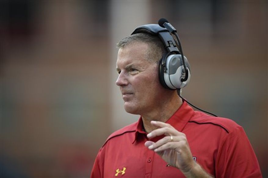 Maryland head coach Randy Edsall looks on during the second half of an NCAA football game against James Madison, Saturday, Aug. 30, 2014, in College Park, Md. Maryland won 52-7. (AP Photo/Nick Wass)