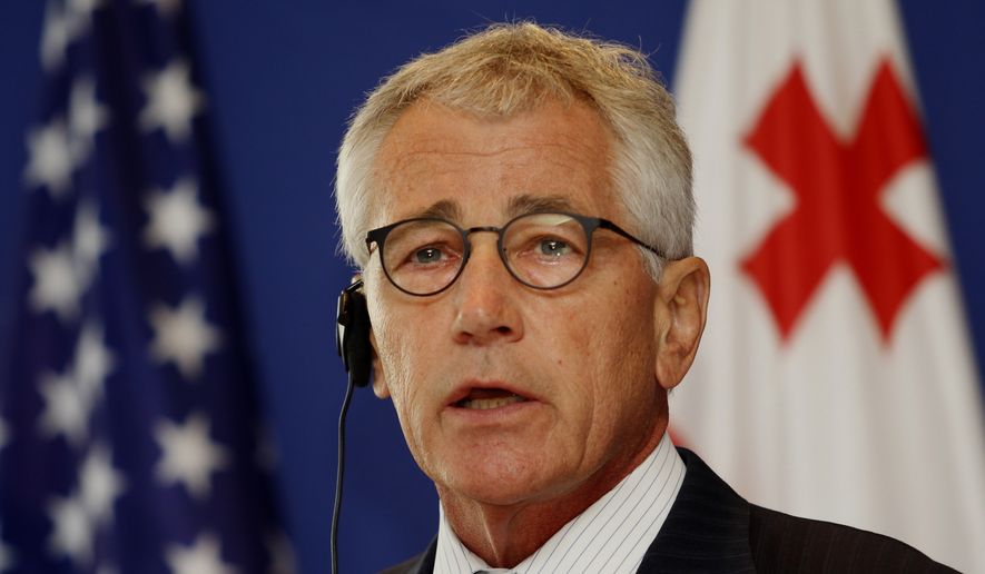U.S. Defense Secretary Chuck Hagel speaks to press at a news conference in Tbilisi, Georgia, Sunday, Sept. 7, 2014. In the face of growing aggression by Russia, the United States and Georgia moved Sunday to expand their defense relationship &amp;#8212; including the possible sale of U.S. Black Hawk helicopters to the former Soviet bloc nation at the crossroads of eastern Europe and Asia.(AP Photo/Shakh  Aivazov)