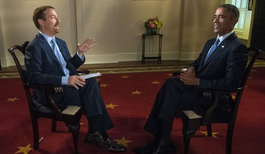 In this Sept. 6, 2014 image released by NBC, Chuck Todd, left, speaks with President Barack Obama prior to an interview for &quot;Meet the Press&quot; at the White House in Washington. Todd debuted as moderator of NBC&#39;s &quot;Meet the Press,&quot; Sunday, Sept. 7, bringing a low-key style and surrounding himself with fellow pundits as NBC turns to him to erase a slide that has taken the long-running Sunday morning political affairs program from first to third in the ratings. (AP Photo/NBC, William B. Plowman)