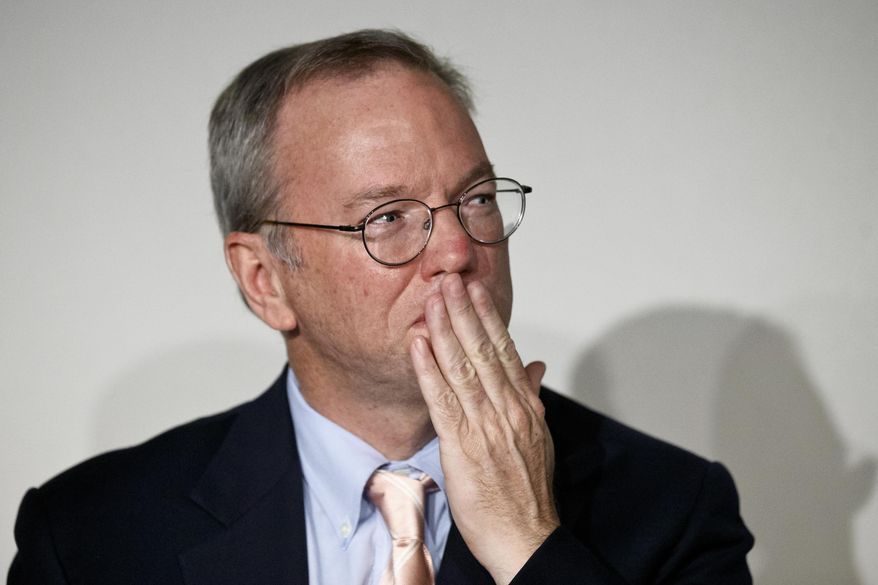 ** FILE ** Google Executive Chairman Eric Schmidt gestures during a meeting about the &quot;right to be forgotten&quot; in Madrid, Sept. 9, 2014. Google Chairman Eric Schmidt and privacy and freedom of information experts are holding the first of seven public sessions to help the company define a new &quot;Right to be Forgotten&quot; established by the European Union&#39;s top court and when it should take down search result links about citizens claiming information about them is irrelevant or obsolete. (AP Photo/Daniel Ochoa de Olza)