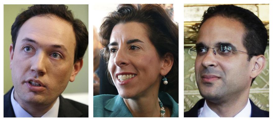 FILE - This combination of file photos shows Clay Pell, left, in 2013, Rhode Island General Treasurer Gina Raimondo, center, in 2014, and Providence, R.I., Mayor Angel Taveras, right, in 2014, who are seeking the Democratic nomination in the Sept. 9, 2014 primary to run for governor of Rhode Island. (AP Photo, File)