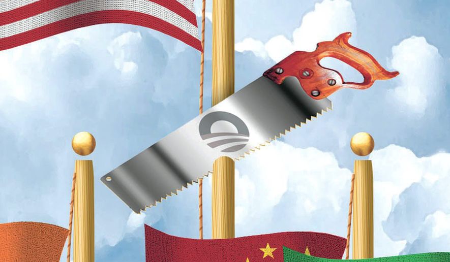 Illustration on Obama's goals to diminish the United States on the world stage by Alexander Hunter/The Washington Times