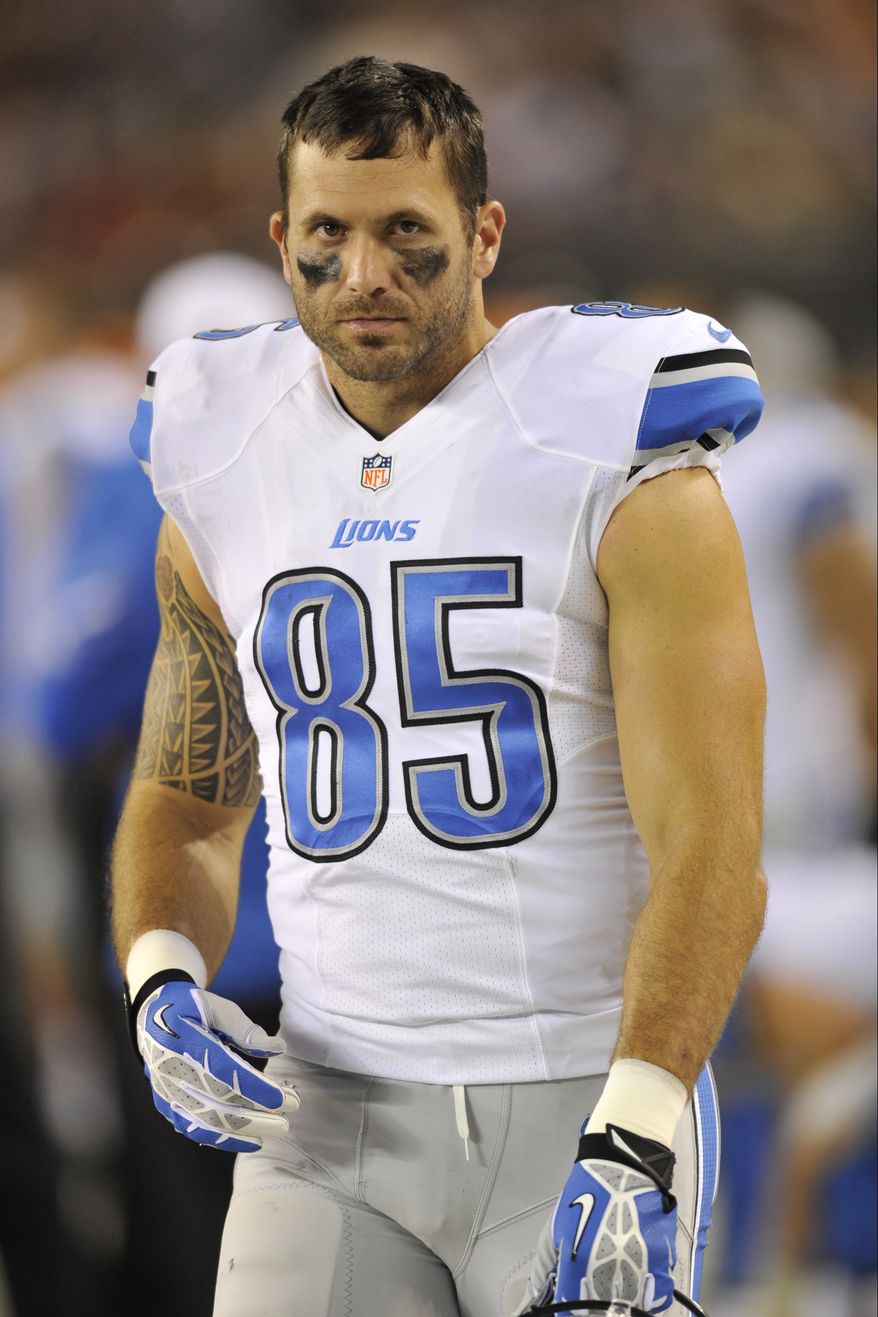 Detroit Lions tight end Tony Scheffler (85) during a preseason NFL football game against the Cleveland Browns Thursday, Aug. 15, 2013, in Cleveland. The Browns won 24-6.(AP Photo/David Richard)