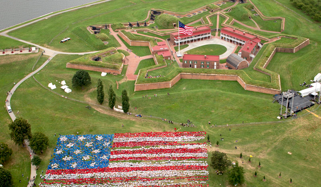 Almost 7,000 school children assembled at Fort McHenry to form the largest &#x27;living&quot; American flag on record, to celebrate the 200th anniversary of &quot;The Star Spangled Banner&quot;. (National Park Service photo)