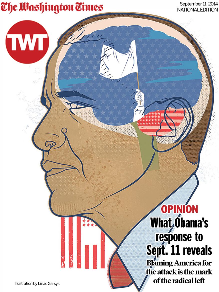 National Edition Opinion cover for September 11, 2014 - What Obama’s response to Sept. 11 reveals (Illustration by Linas Garsys for The Washington Times)