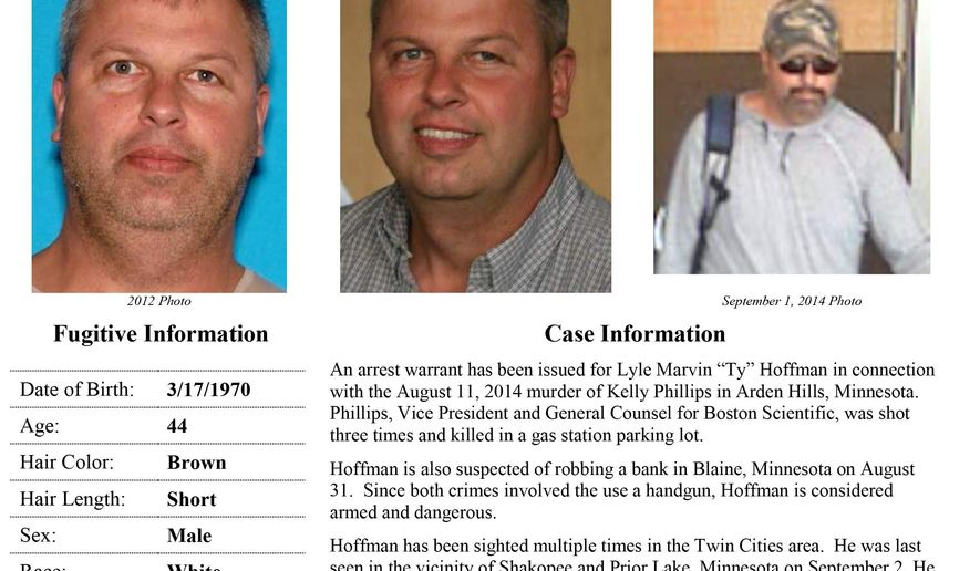 This wanted poster released by the Ramsey County Sheriff's Office shows images of Lyle 'Ty" Hoffman, accused of killing his ex-boyfriend at an Arden Hills, Minn., gas station on Aug. 11, 2014. The sheriff's office on Wednesday, Sept. 10, 2014, announced they increased the reward, up to $40,000, for information leading to the arrest and conviction of 44-year-old Hoffman. The reward previously had been up to $25,000. Hoffman is also suspected of robbing a TCF Bank in Blaine, Minn. on Aug. 30. Authorities say the handgun used in the shooting and the bank robbery has not been recovered. (AP Photo/Ramsey County Sheriff's Office via The Star Tribune)