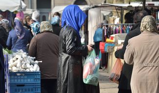 Turkish immigrants go shopping on a market in Duisburg, Germany. The government has even fashioned its own version of the American dream, with its &quot;Make it in Germany&quot; campaign. Launched in 2012, this online platform lures non-German-speaking skilled immigrants with the promise of a lucrative future. (Associated Press)