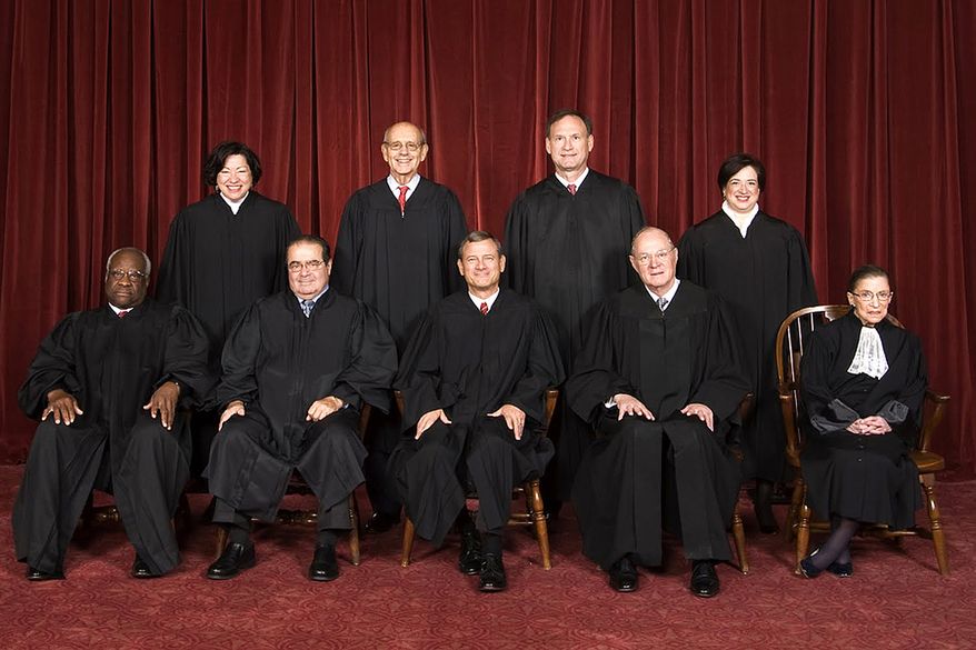 Supreme Court, October 2010 - Back row (left to right): Sonia Sotomayor, Stephen G. Breyer, Samuel A. Alito, and Elena Kagan. Front row (left to right): Clarence Thomas, Antonin Scalia, Chief Justice John Roberts, Anthony Kennedy, and Ruth Bader Ginsburg