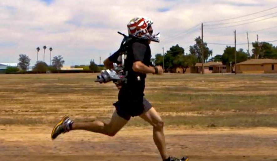 A jetpack for the Pentagon&#39;s &quot;4-minute mile&quot; project shaves 18 seconds off an individual&#39;s 1-mile time. (Image: Arizona State University)