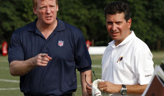 FILE - In this Aug. 4, 2010, file photo, NFL Commissioner Roger Goodell, left, talks with Washington Redskins owner Daniel Snyder, right, after the team&#39;s NFL football training camp at Redskins Park in Ashburn, Va. In a statement released Saturday, Sept. 13, 2014, Snyder says he supports Goodell, stating he &amp;quot;has always had the best interests of football at heart&amp;quot; and &amp;quot;we are fortunate to have him.&amp;quot; (AP Photo/Rob Carr, File)