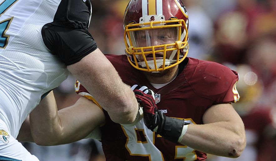 Washington Redskins linebacker Trent Murphy (93) rushes the quarterback against the Jacksonville Jaguars at FedEx Field, Sept. 14, 2014. (Preston Keres/Special for The Washington Times)