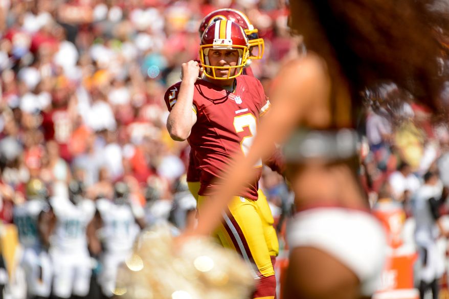 Washington Redskins kicker Kai Forbath (2) comes off the field after kicking a field goal as the Washington Redskins play the Jacksonville Jaguars at FedExField, Landover, Md., Monday, September 9, 2013. (Andrew Harnik/The Washington Times)