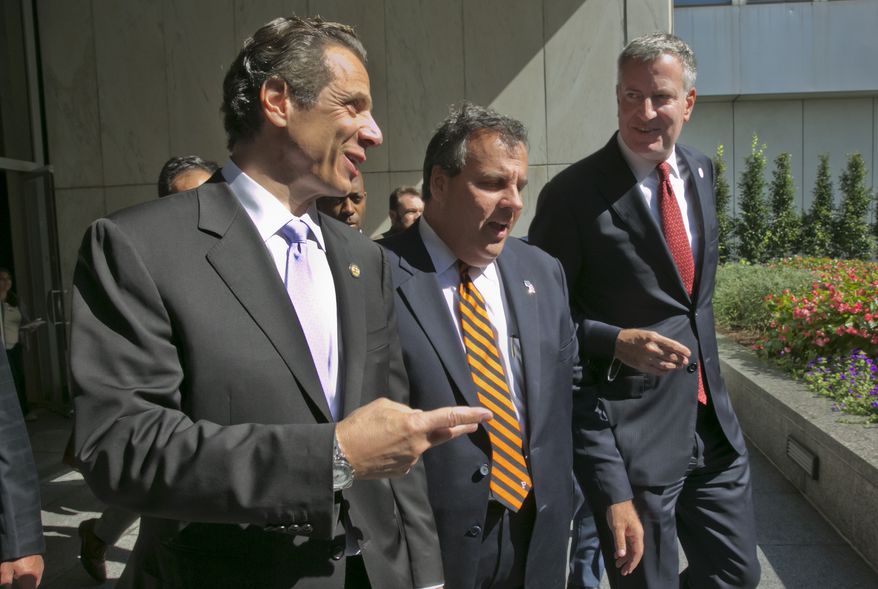 New York Gov. Andrew Cuomo, left, New Jersey Gov. Chris Christie, center, and New York Mayor Bill de Blasio leave a press conference following a security meeting, in New York,  Monday, Sept. 15, 2014.  Govs. Cuomo, Christie and de Blasio met with Homeland Security Secretary Jeh Johnson and a bi-state group of officials from local, state and federal law enforcement and public safety offices to discuss security preparedness and coordination in the New York-New Jersey region. (AP Photo/Richard Drew) **FILE**