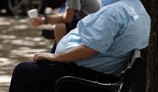 In this Thursday, Sept. 4, 2014, file photo, an overweight man rests on a bench in Jackson, Miss. (AP Photo/Rogelio V. Solis, File)
