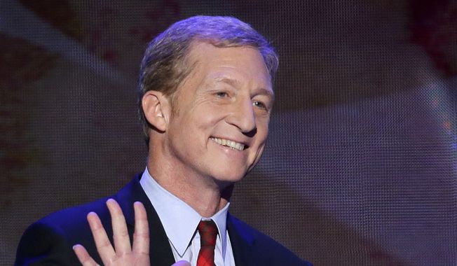 In this Sept. 5, 2012, file photo, Tom Steyer waves as he walks to the podium to address the Democratic National Convention in Charlotte, N.C. (AP Photo/J. Scott Applewhite, File)