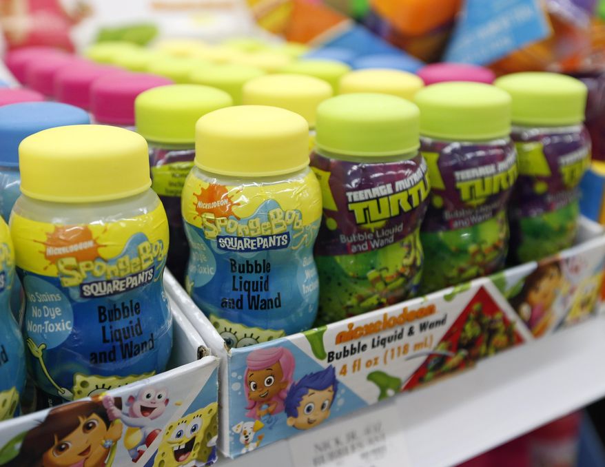 Themed bubbles are on display at a Toys R Us store on Monday, Sept. 22, 2014, in Colonie, N.Y. (AP Photo/Mike Groll) ** FILE **