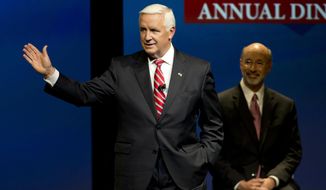 Republican Gov. Tom Corbett speaks during a gubernatorial debate with Democrat Tom Wolf on Monday, Sept. 22, 2014, in Hershey, Pa. The debate is hosted by the Pennsylvania Chamber of Business and Industry. (AP Photo/Matt Rourke)