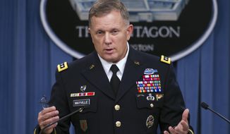 Army Lt. Gen. William Mayville, Jr., Director of Operations J3, speaks about the operations in Syria, Tuesday, Sept. 23, 2014, during a news conference at the Pentagon. In a separate action from the air strikes against the Islamic State group, the U.S. bombed a cell of al Qaida militants in northwestern Syria after concluding they were close to attacking the U.S. or Europe, Pentagon officials say. Mayville, the Pentagon’s operations chief, said that the Khorasan Group was nearing “the execution phase of an attack either in Europe or the homeland.&amp;quot; (AP Photo/Cliff Owen)