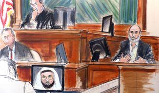 In this Wednesday, March 19, 2014, courtroom sketch Osama bin Laden&#x27;s son-in-law, Sulaiman Abu Ghaith, right, testifies at his trial in New York, on charges he conspired to kill Americans and aid al Qaeda as a spokesman for the terrorist group. Abu Ghaith, who was convicted in March, is due in court on Tuesday Sept. 22, 2014, to face a possible life sentence for his role as the spokesman for al Qaeda following the Sept. 11, 2001, terror attacks. (AP Photo/Elizabeth Williams, File)